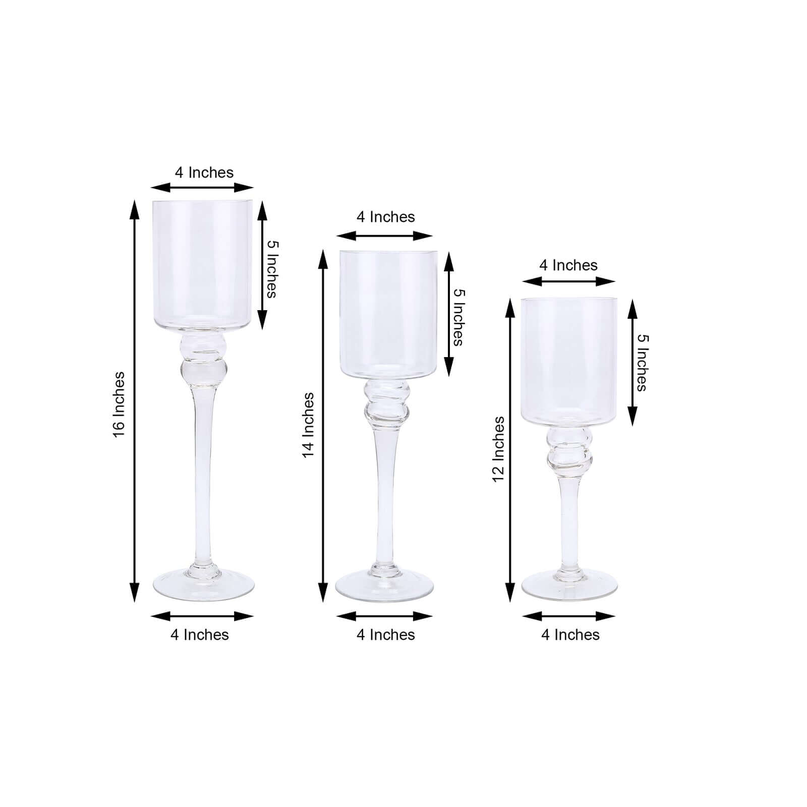 Set of 3 Glass Cylinder Vases Long Stem Clear - Decorative Candle Holder Floral Centerpieces 12", 14", 16"