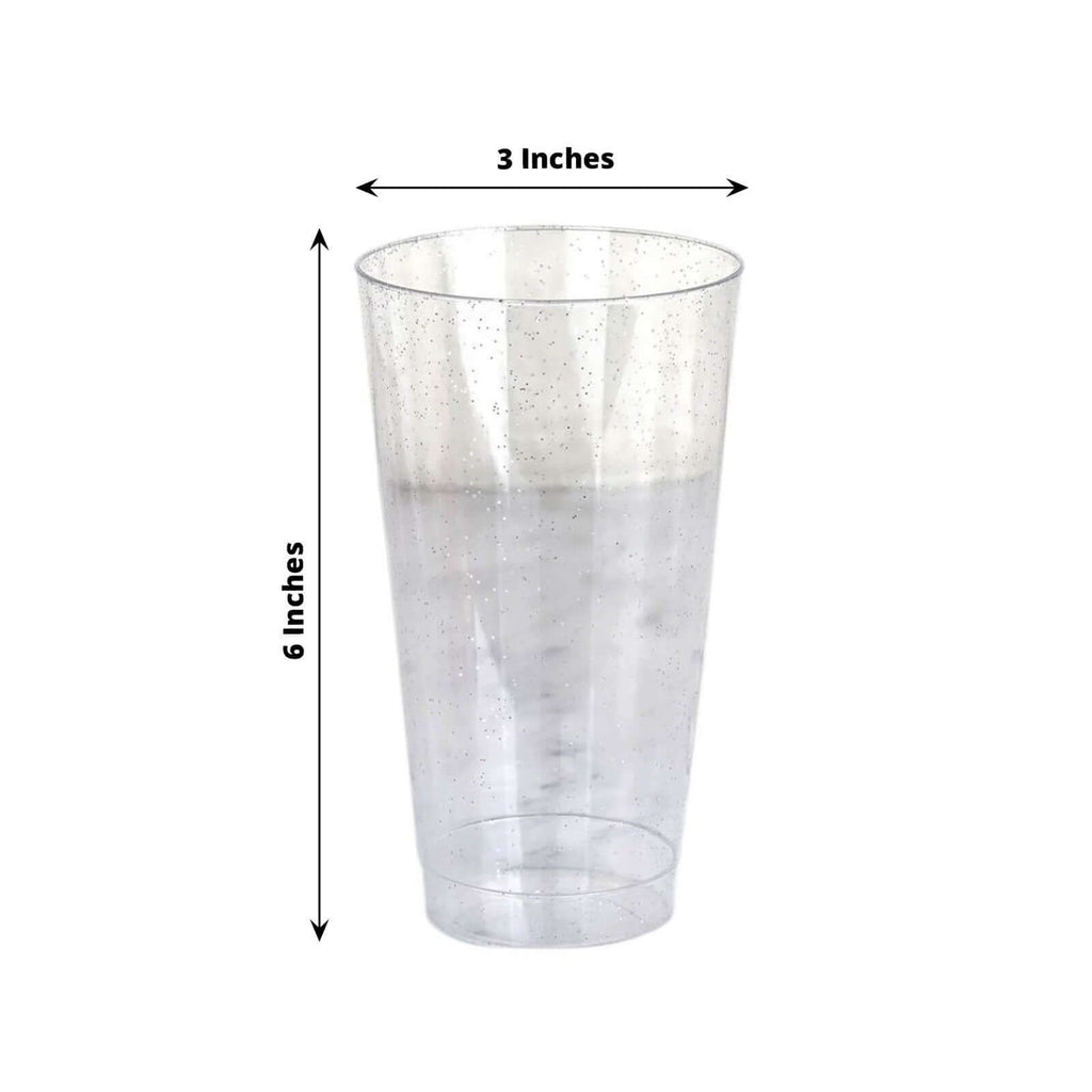 12-Pack Plastic Party Cups Clear Silver Glitter - Durable Disposable Tumblers for Drinks 17oz 6"