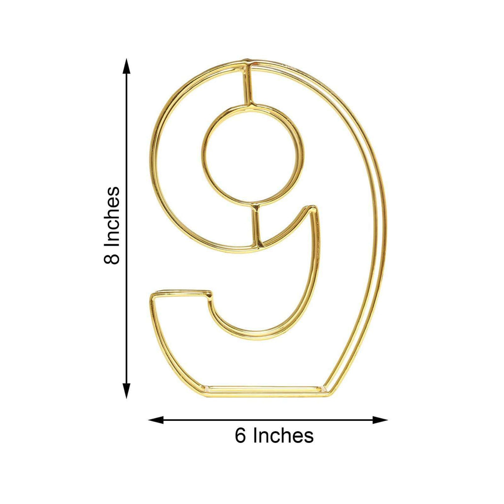 8" Tall Gold Freestanding 3D Decorative Metal Wire Numbers, Wedding Table Numbers -9