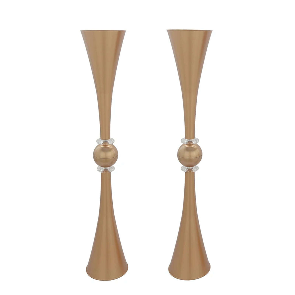 2 Pack 31" Shiny Gold Crystal Embellishment Trumpet Flower Vase, Reversible Plastic Table Centerpiece