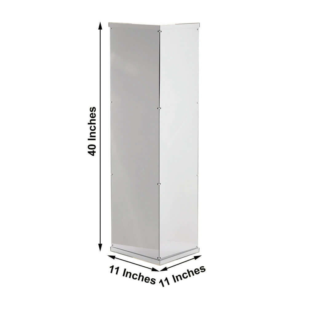 40" Floor Standing Silver Mirror Finish Acrylic Display Box, Pedestal Riser with Interchangeable Lid and Base