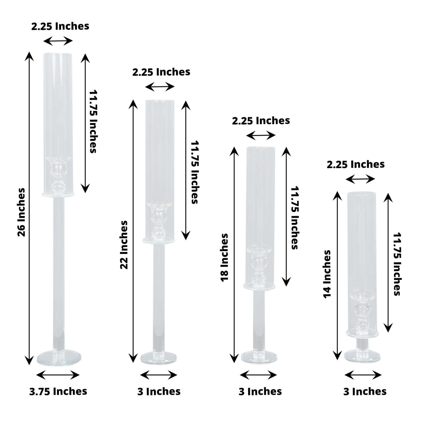 Set of 4 Crystal Glass Hurricane Taper Candle Holders, Decorative Tall Candle Stands Clear Cylinder Chimney Tubes 14", 18", 22", 26"