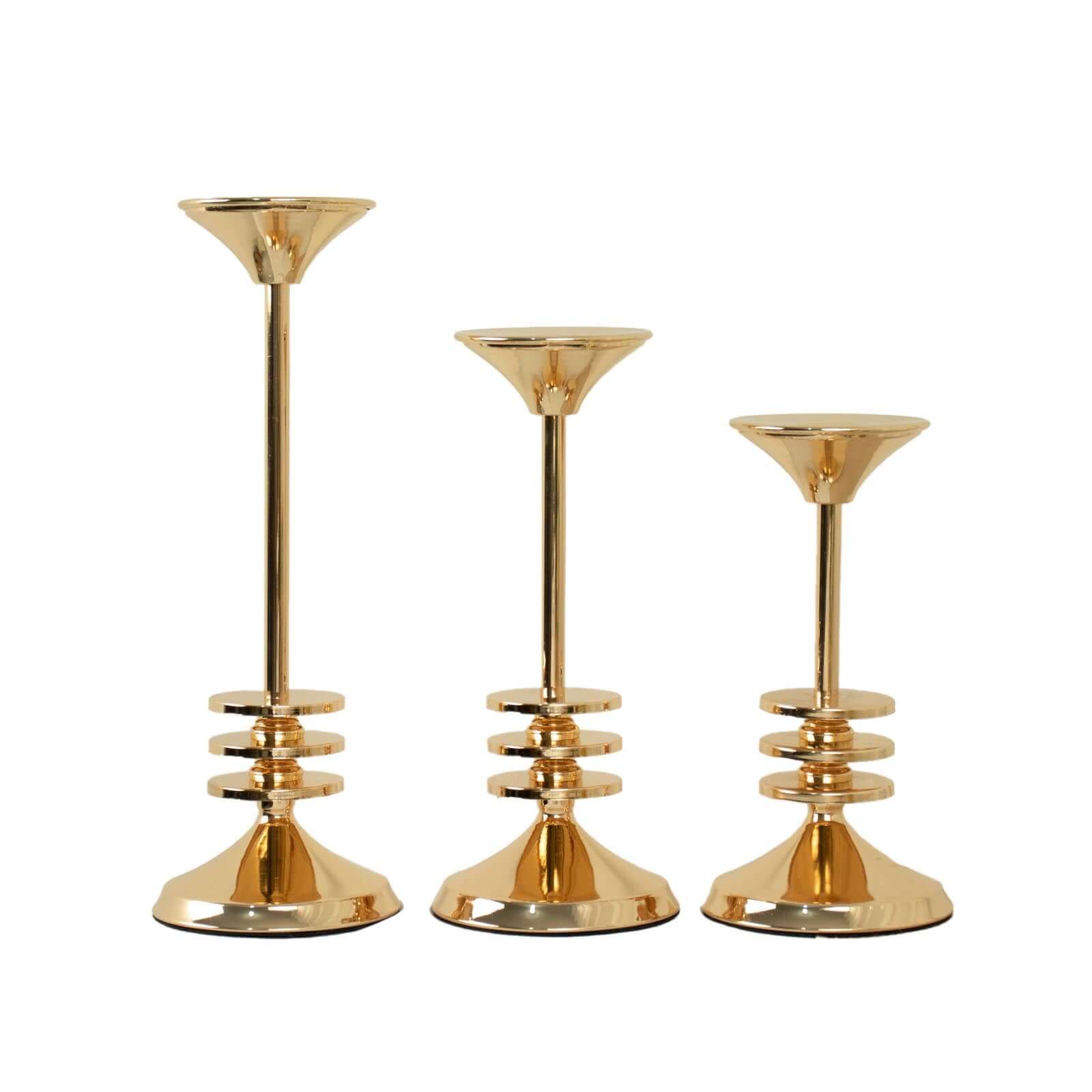 Set of 3 Taper Candlestick Holders Gold Metal with 3 Disk Pedestal Design - Decorative Centerpieces 9", 11", 13"