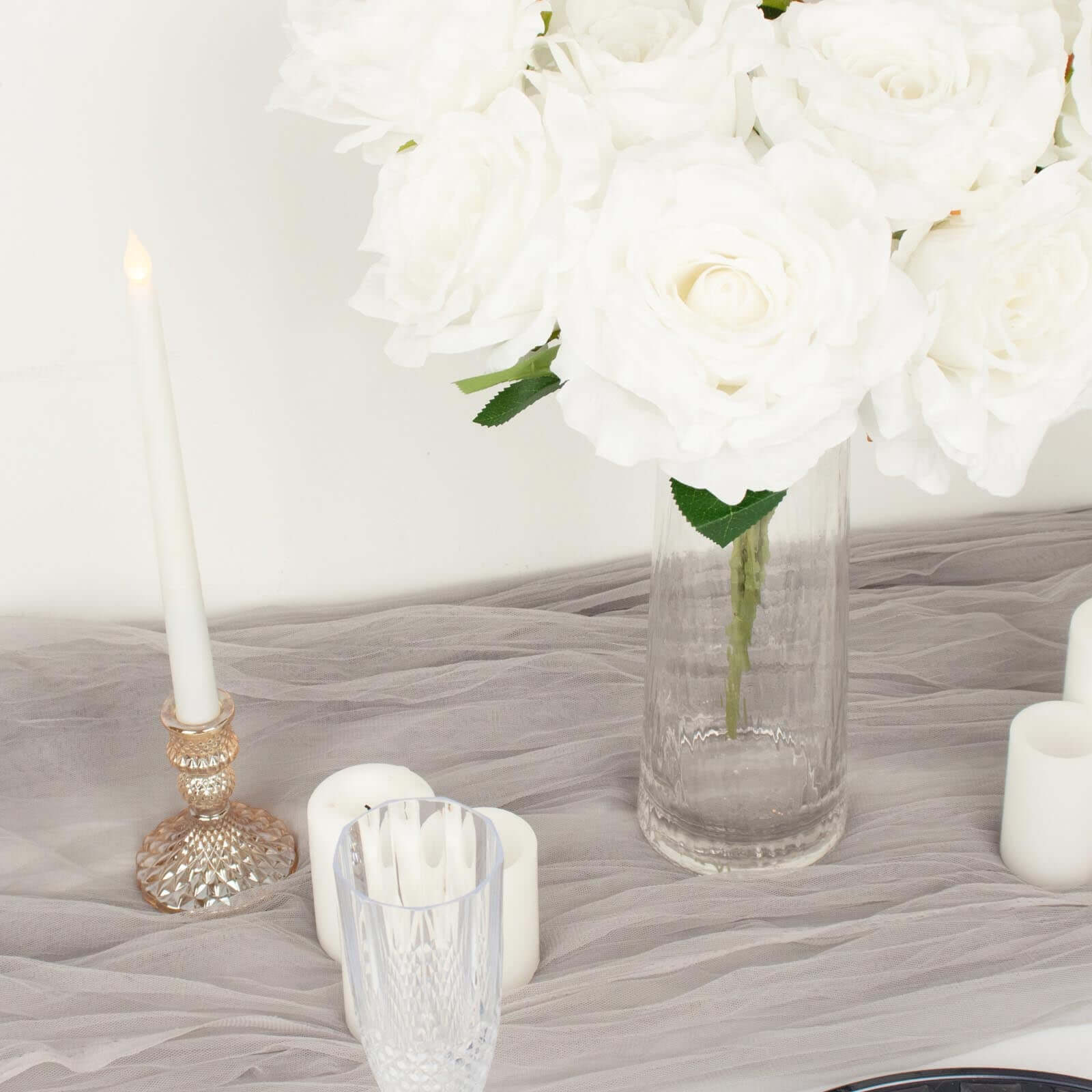 2 Bushes 17" White Premium Silk Jumbo Rose Flower Bouquet, High Quality Artificial Wedding Floral Arrangements