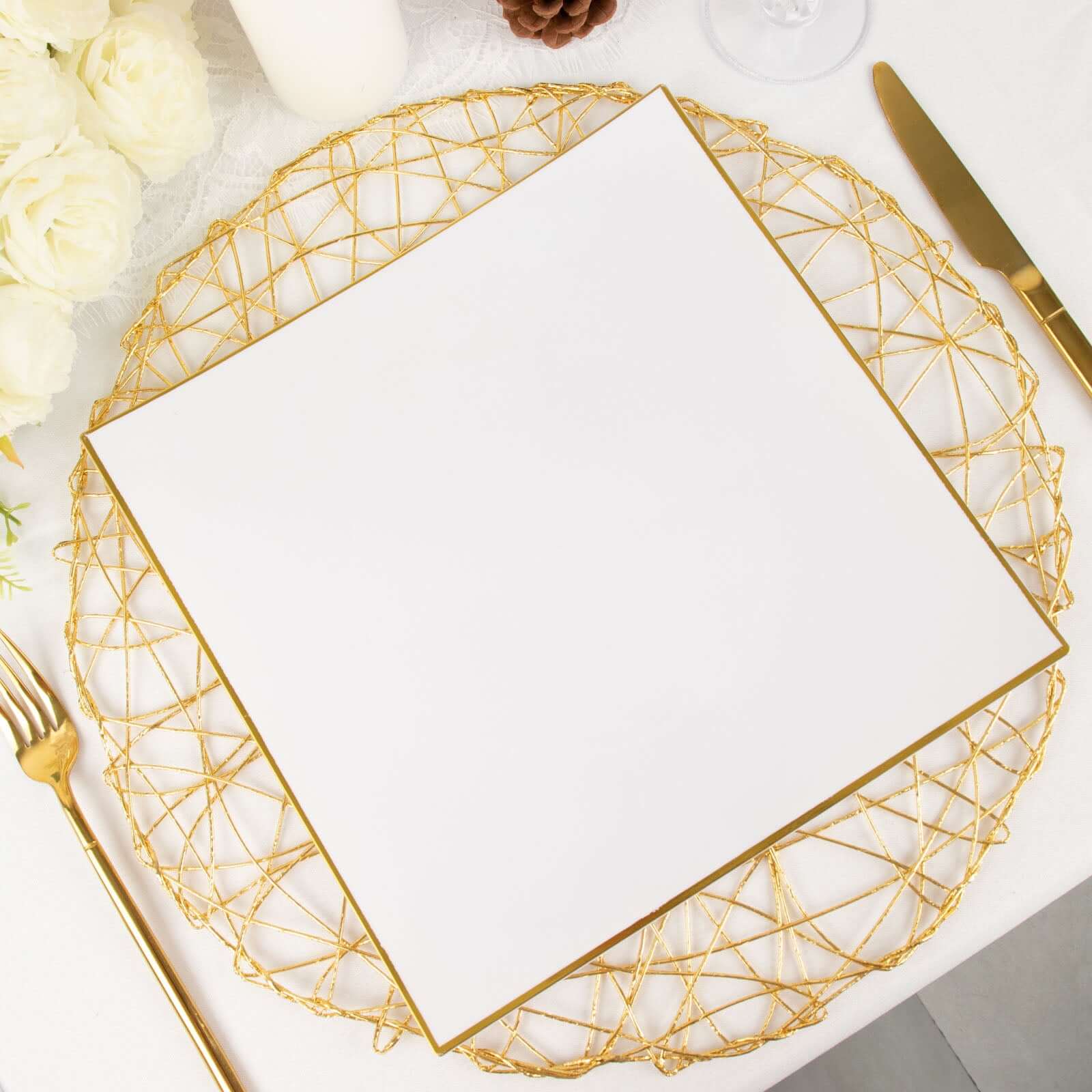 10-Pack Plastic 10" Square Dinner Plates in White Concave Style with Gold Rim - Modern Disposable Party Plates for Weddings & Special Events