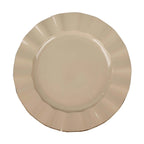 10-Pack Plastic 11" Round Dinner Plates in Taupe Ruffled Rim with Gold Edging - Sturdy Disposable Dinnerware