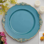 6-Pack Acrylic Round Charger Plates 13" in Peacock Teal with Gold Embossed Baroque Rim, Antique Decorative Dinner Party Charger Tableware