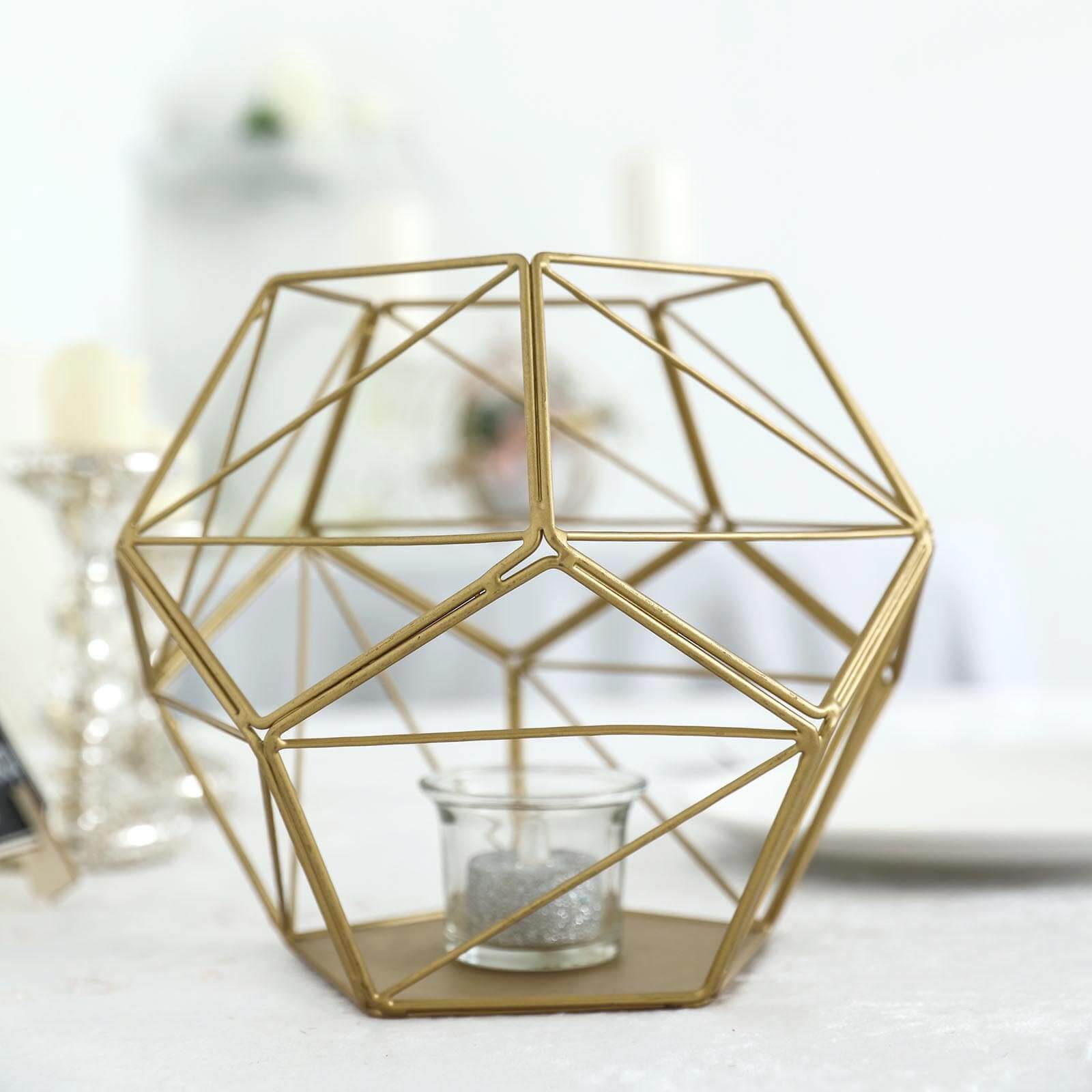 Tealight Candle Holder Gold Metal Pentagon Prism Geometric Open Frame - Flower Stand 7"