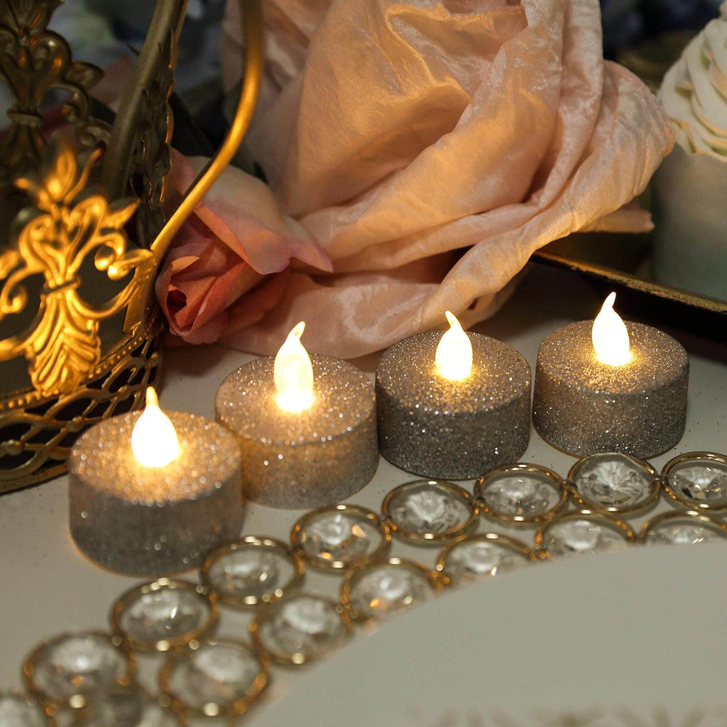 12-Pack LED Tealight Candles Glitter Silver Design - Flameless Battery Operated Tea Lights