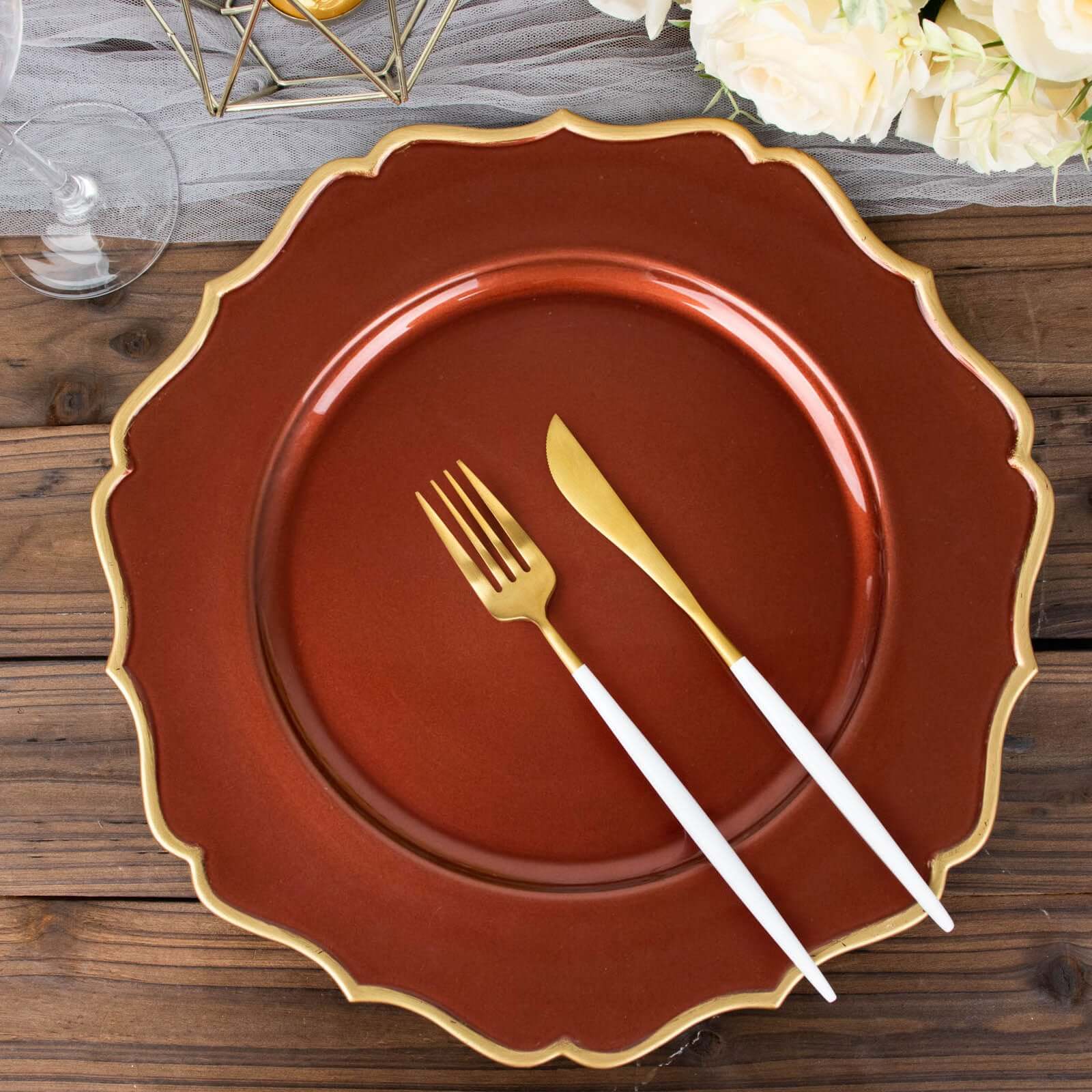 6-Pack Acrylic Round Charger Plates 13" in Terracotta (Rust) with Gold Scalloped Rim, Decorative Dinner Party Plastic Charger Tableware