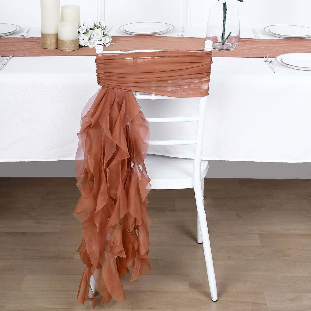 Chiffon Chair Sash with Curly Design Terracotta (Rust) - Stylish Chair Decorations