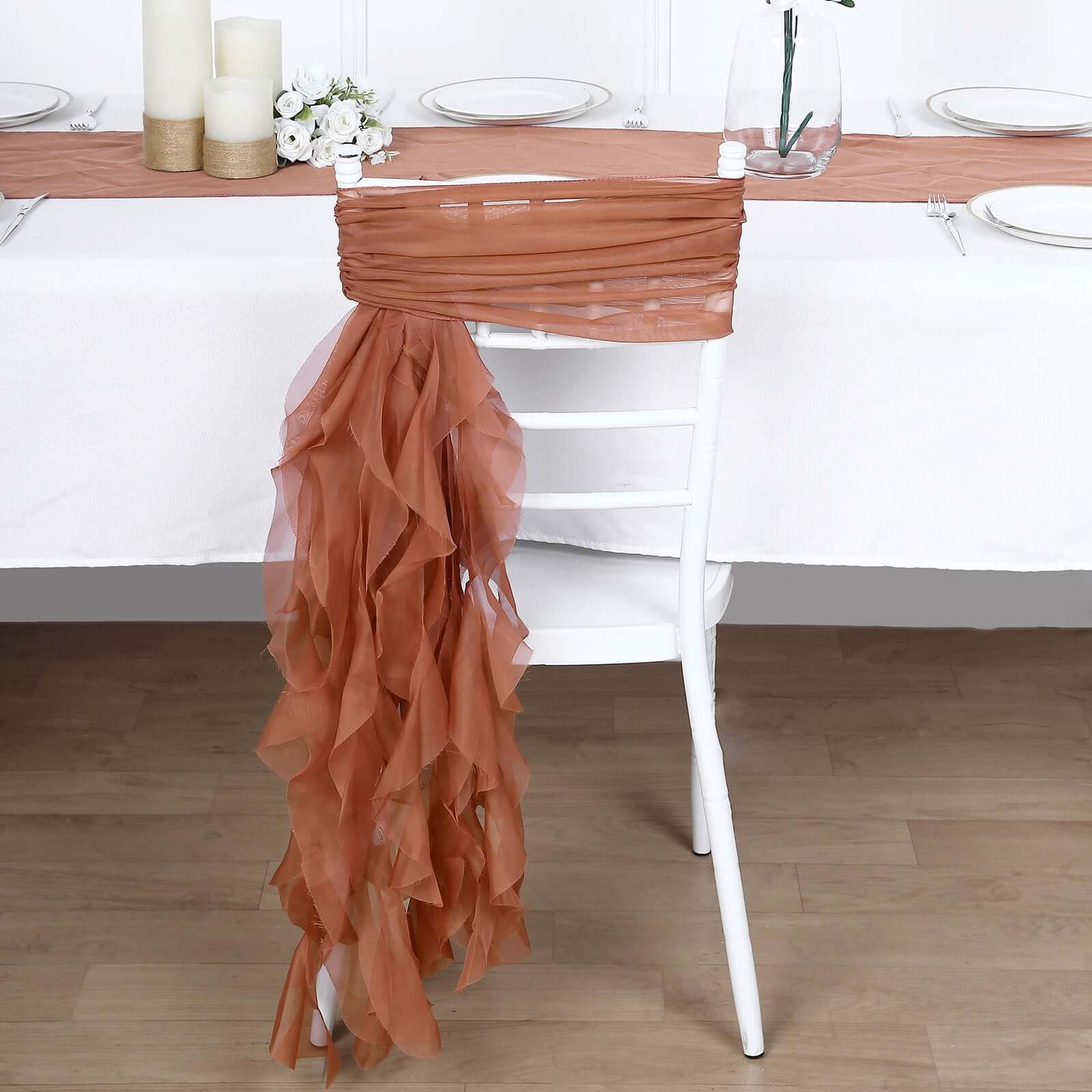Chiffon Chair Sash with Curly Design Terracotta (Rust) - Stylish Chair Decorations