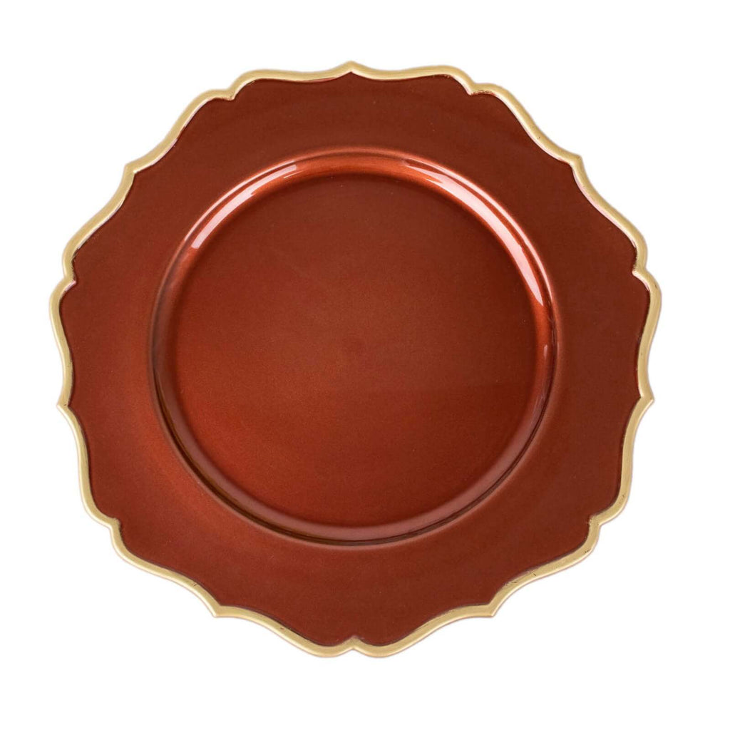 6-Pack Acrylic Round Charger Plates 13" in Terracotta (Rust) with Gold Scalloped Rim, Decorative Dinner Party Plastic Charger Tableware