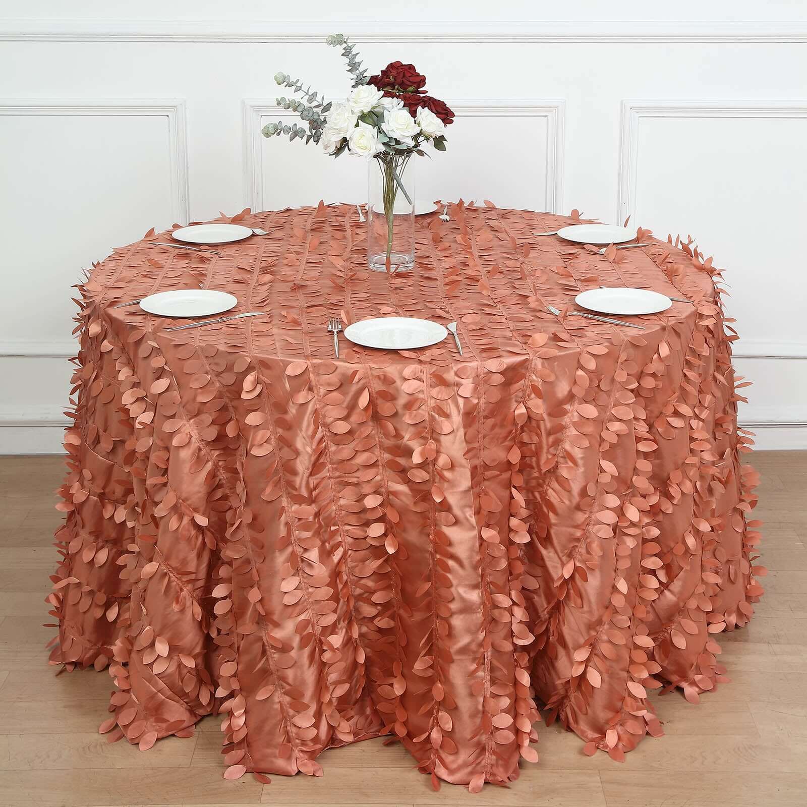 Taffeta 120" Round Tablecloth Terracotta (Rust) | 3D Leaf Petal Design Seamless Table Cover