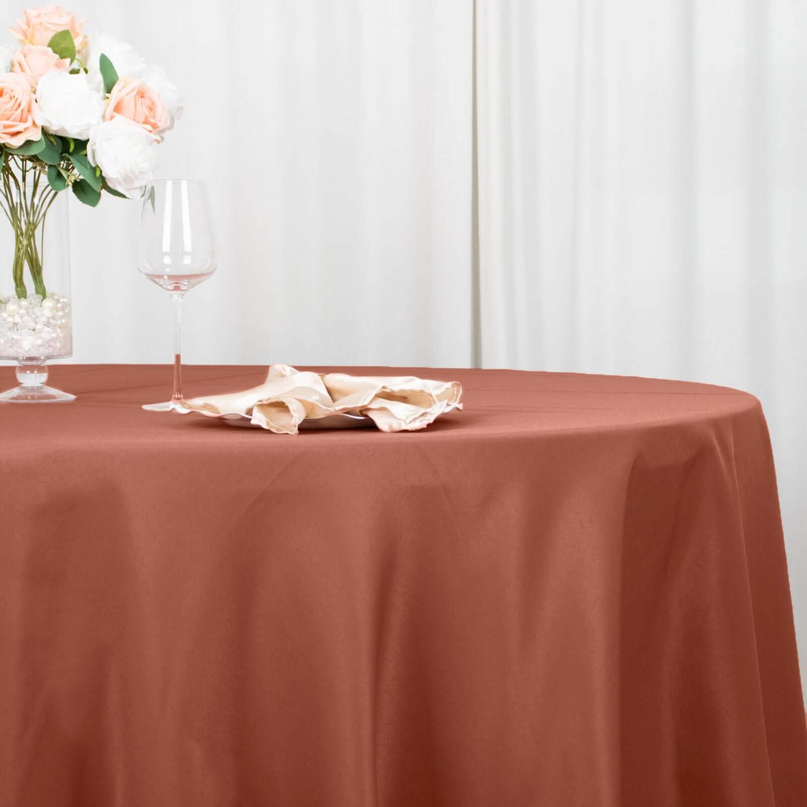 Premium Polyester 132" Round Tablecloth Terracotta (Rust) - Seamless 220GSM Wrinkle-Resistant Table Cover