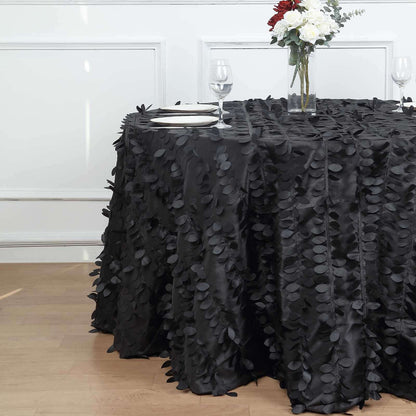 Taffeta 120" Round Tablecloth Black | 3D Leaf Petal Design Seamless Table Cover