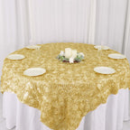 Satin 72"x72" Table Overlay Square Tablecloth Champagne - 3D Rosette Table Cover