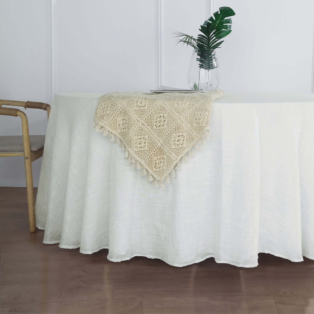 Faux Linen 120" Round Tablecloth White - Modern Slubby Texture with Wrinkle-Resistant Appeal Seamless Table Cover