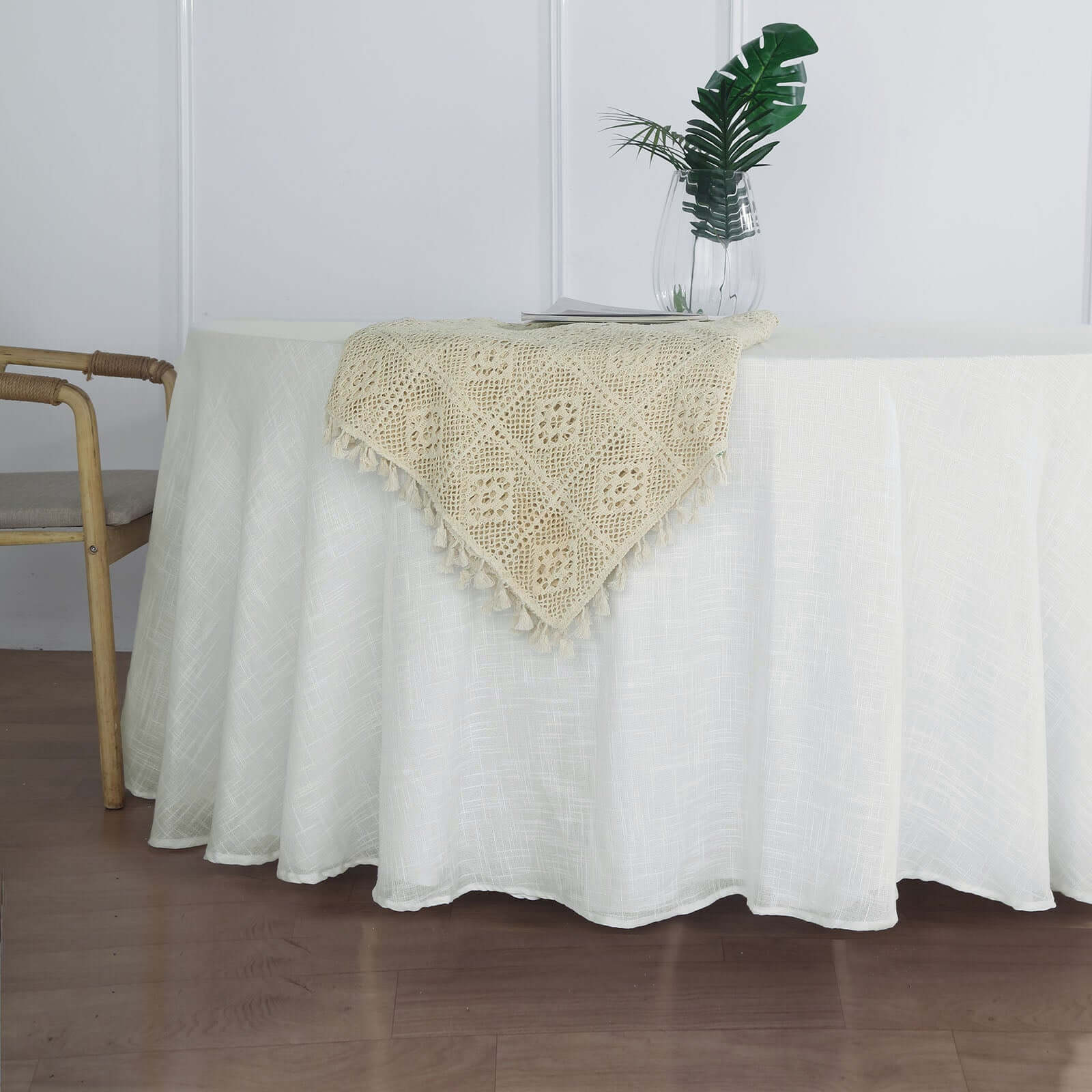 Faux Linen 120" Round Tablecloth White - Modern Slubby Texture with Wrinkle-Resistant Appeal Seamless Table Cover