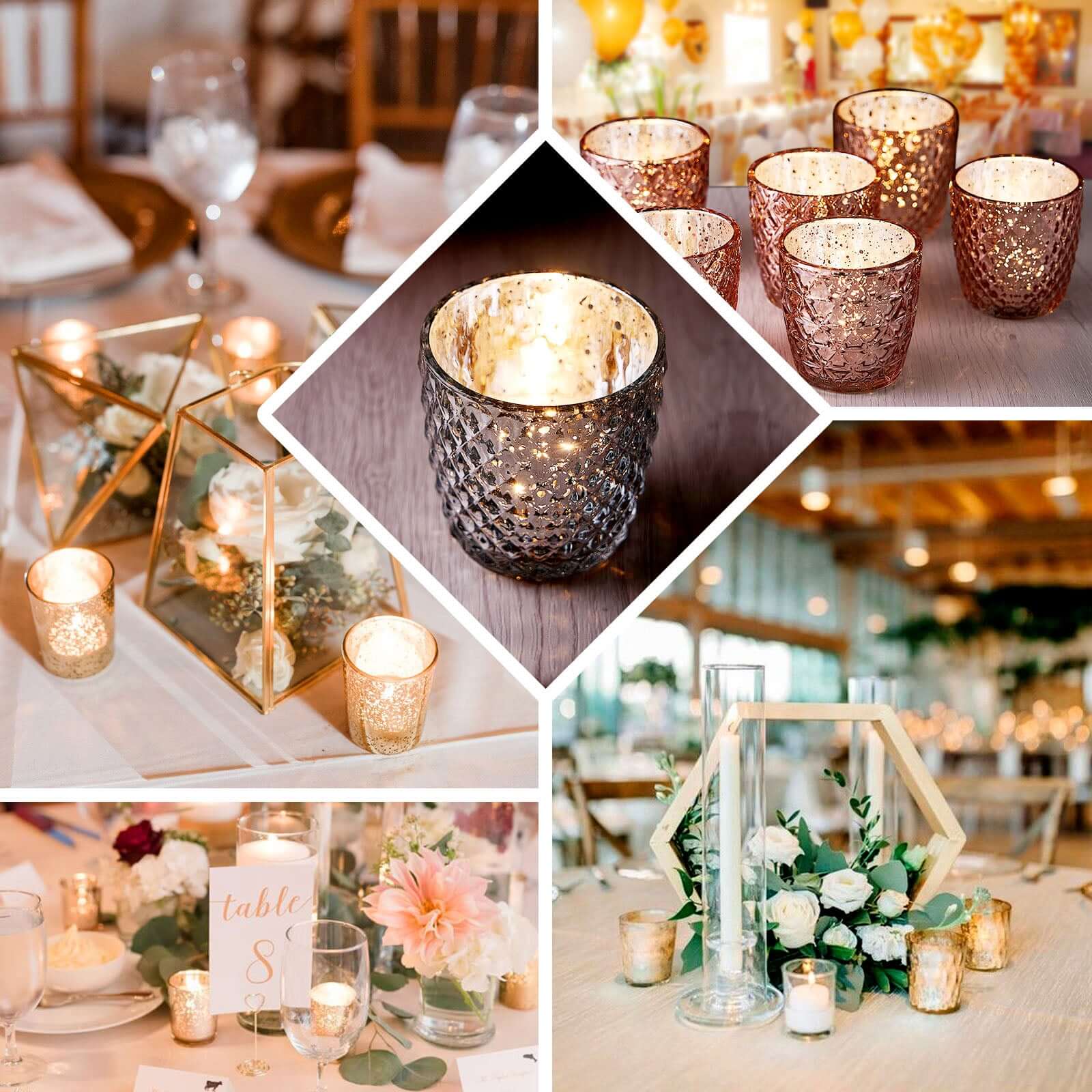 6-Pack Mercury Glass Votive Candle Holders Metallic Silver with Assorted Geometric Designs - Tealight Holders 3"