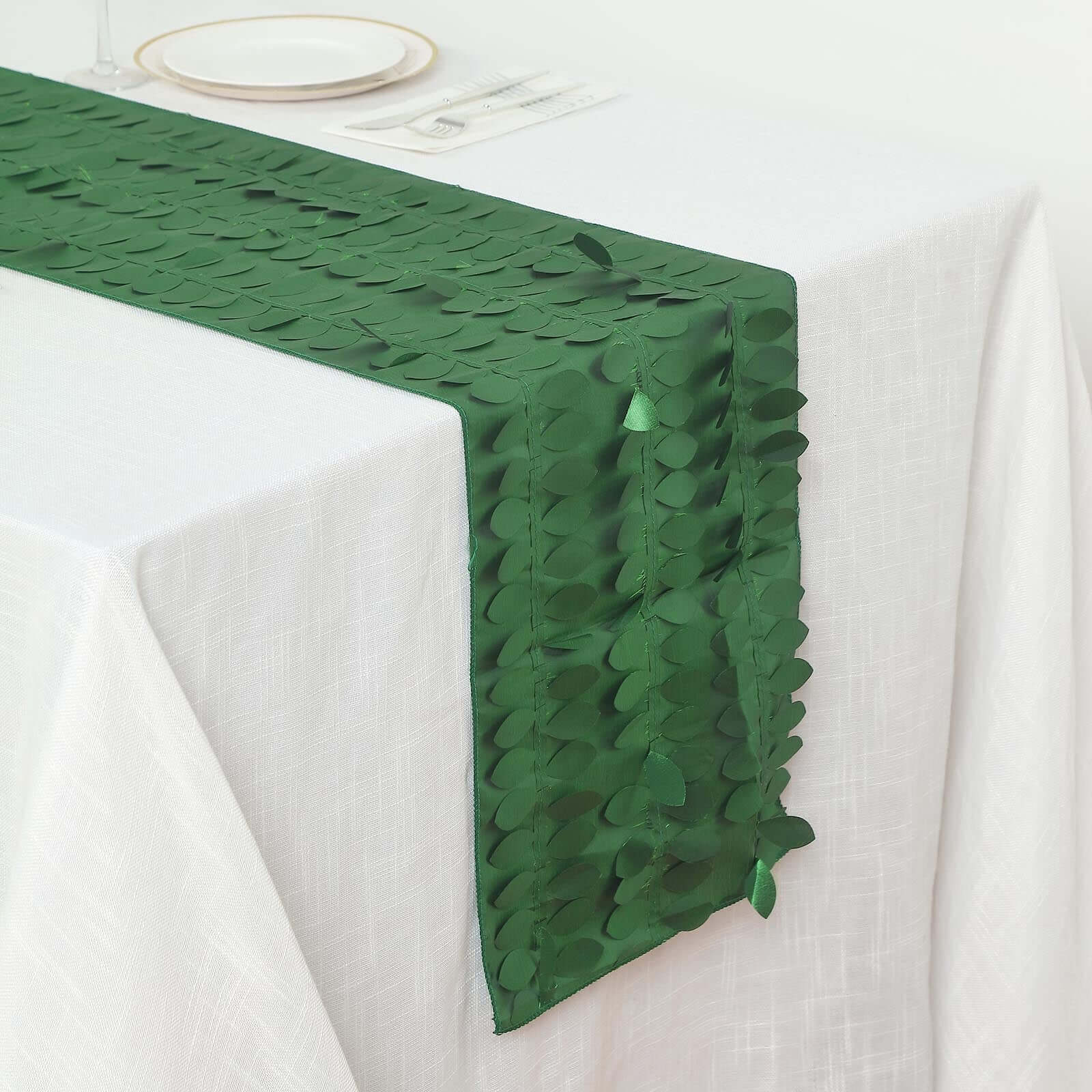 Taffeta Fabric 12"x108" Table Runner Green - 3D Leaf Petal Design
