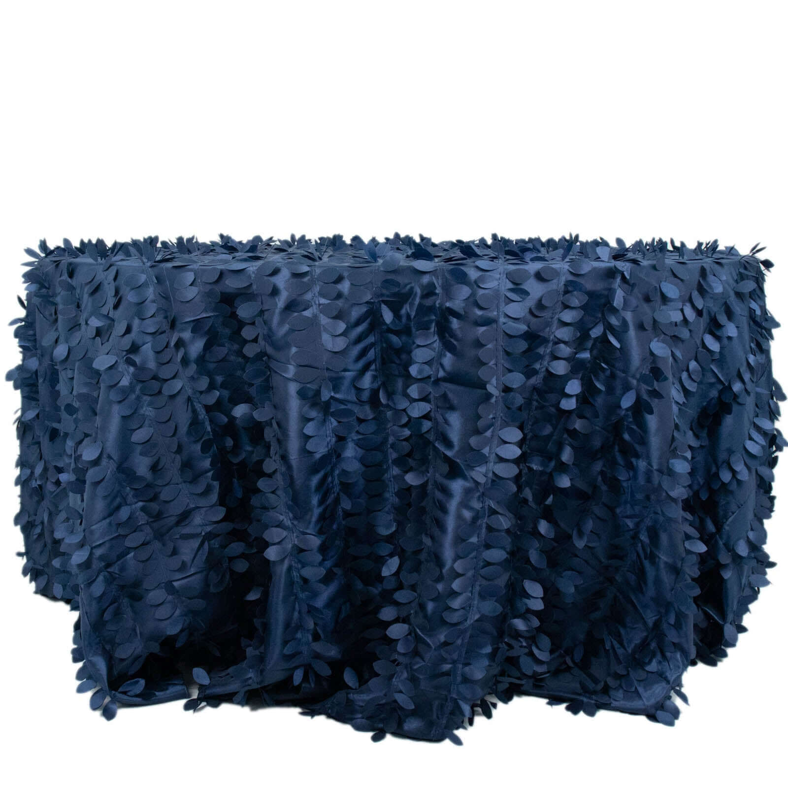 Taffeta 132" Round Tablecloth Navy Blue | 3D Leaf Petal Design Seamless Table Cover