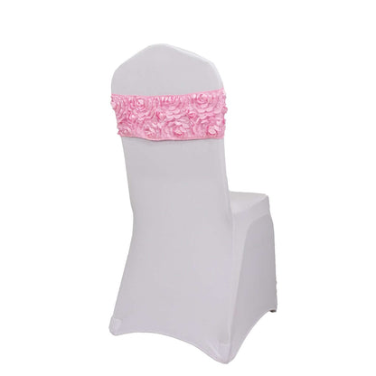 5 Pack Satin Spandex Chair Sashes Pink - Rosette Design Stretch Chair Bands 6"x14"