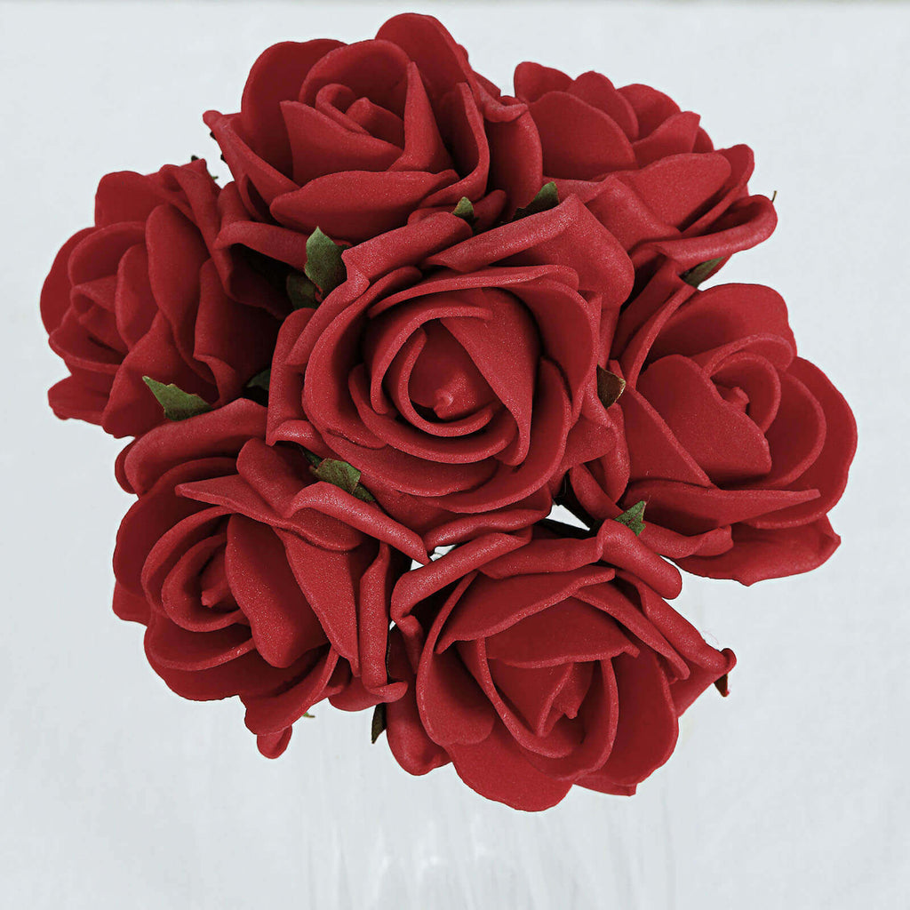 24 Roses 2" Red Artificial Foam Flowers With Stem Wire and Leaves