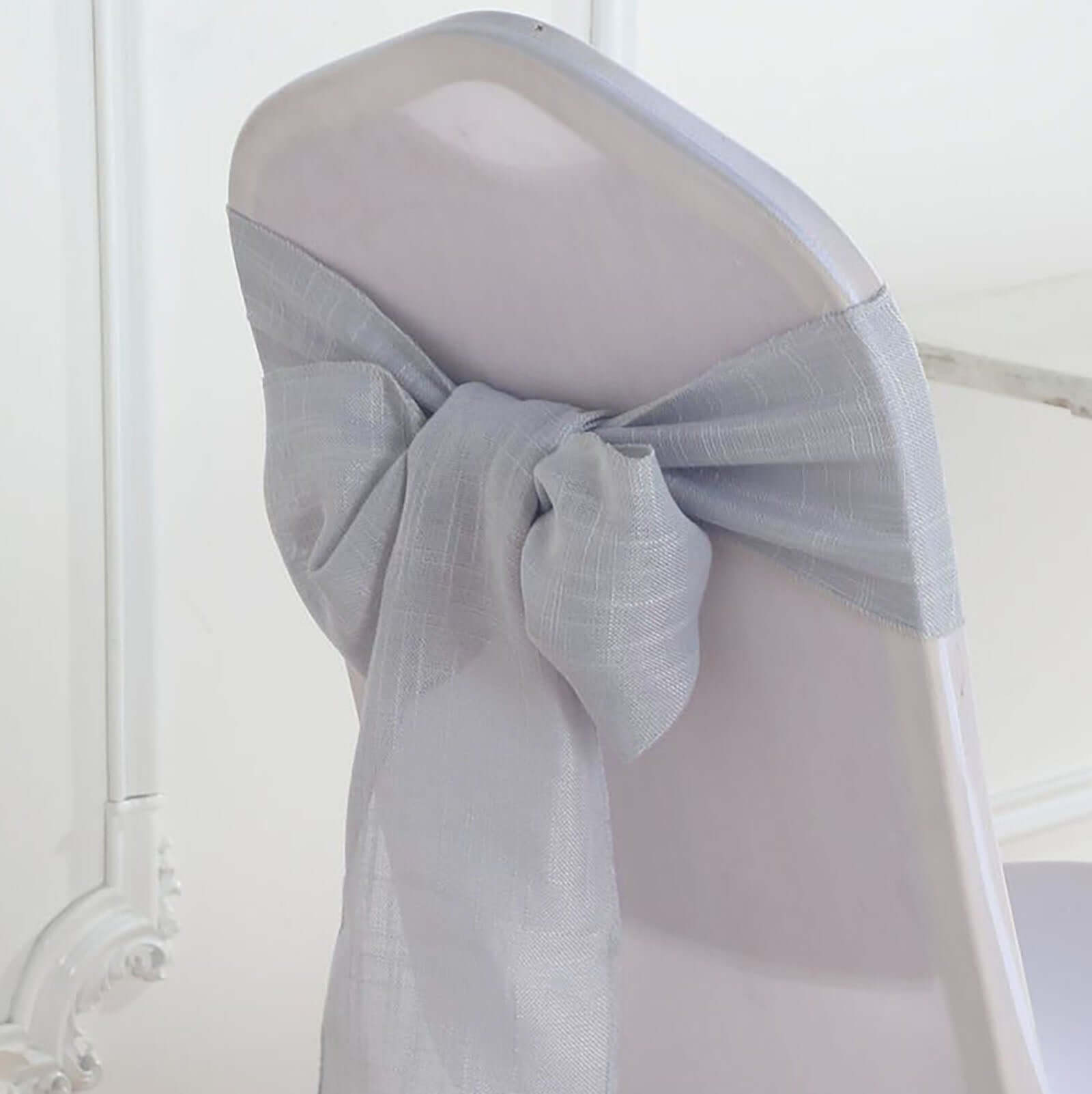 5 Pack Linen Chair Sashes 6"x108" Slubby Textured Silver - Durable Wrinkle-Resistant Decor for Weddings & Gatherings