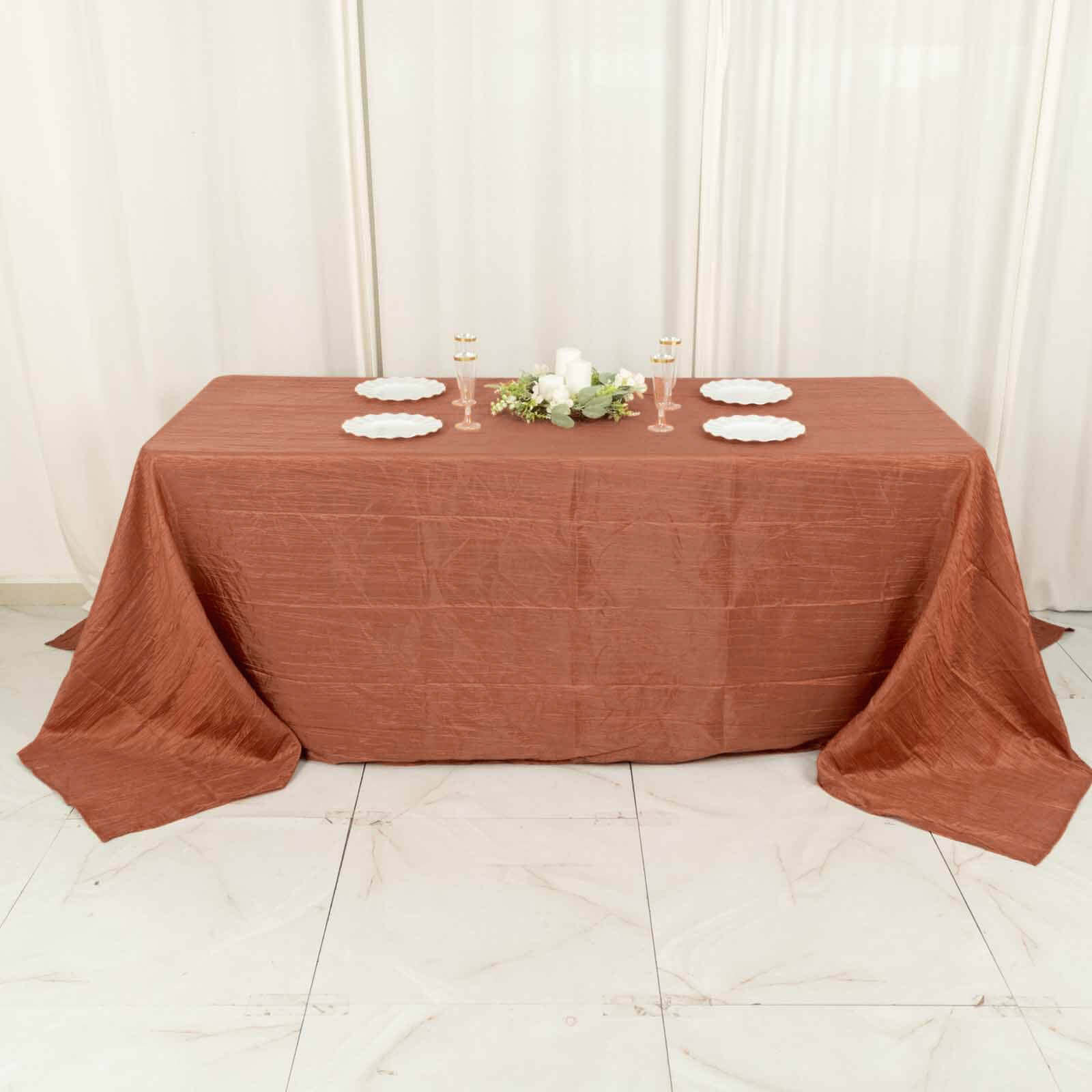 Taffeta 90"x132" Rectangle Tablecloth Terracotta (Rust) - Seamless Accordion Crinkle Table Cover