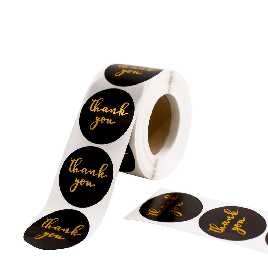 500Pcs 1.5" Thank You Gold Foil Text On Black Stickers Roll DÃ©cor Labels and Seals for DIY Envelope - Round