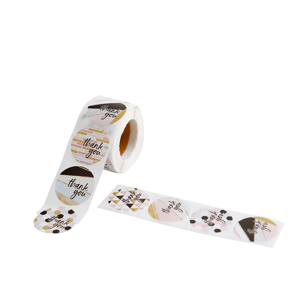 500Pcs 1.5" Thank You Black White Gold Pink Glam Stickers Roll, Labels For DIY Envelope Seal Assorted Geometric Design - Round