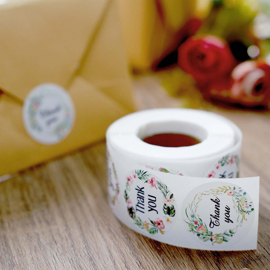 500Pcs 1.5" Thank You Black Print and Floral Design Stickers Roll, DIY Envelope Seal Labels - Round Assorted Designs