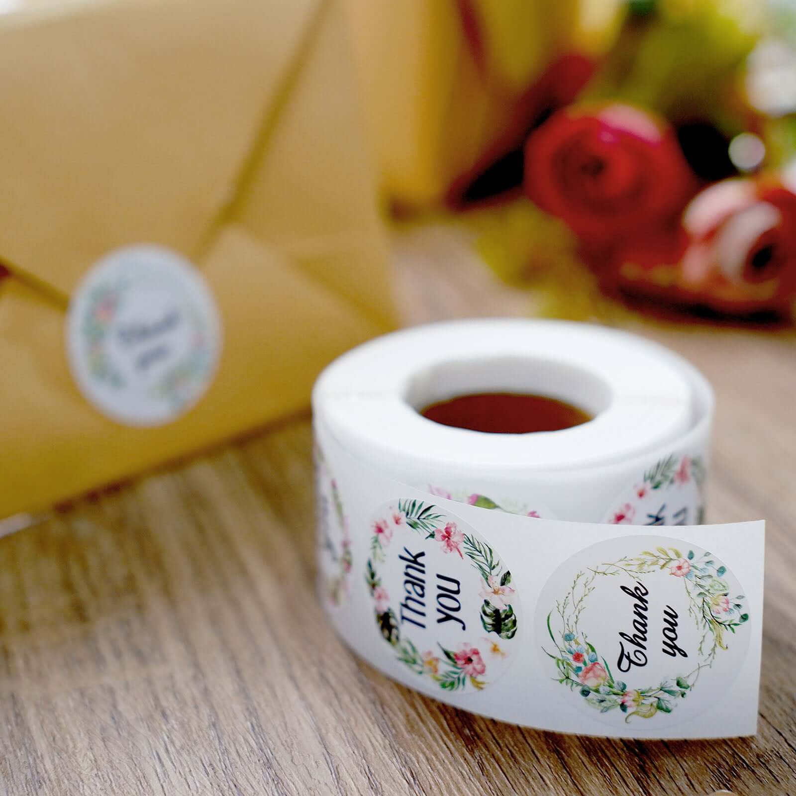 500Pcs 1.5" Thank You Black Print and Floral Design Stickers Roll, DIY Envelope Seal Labels - Round Assorted Designs