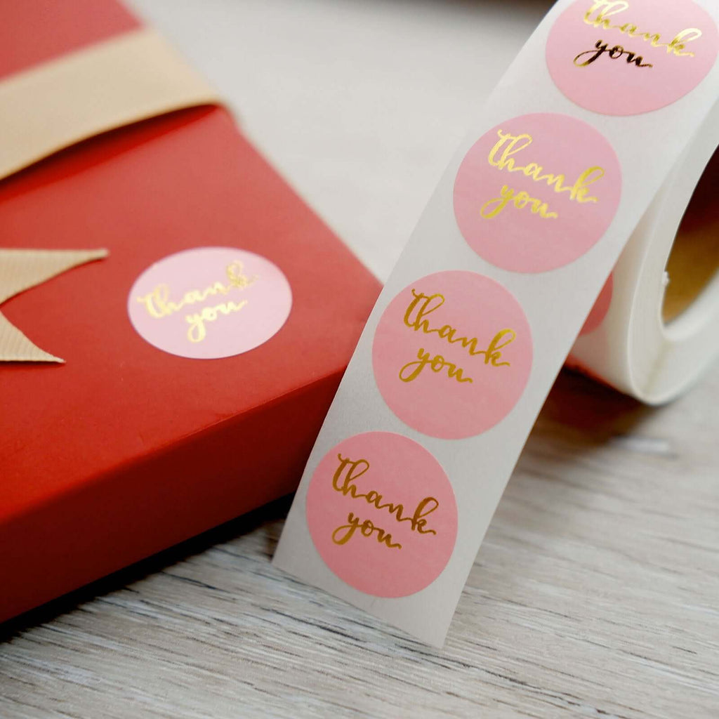 500Pcs 1" Thank You Gold Foil Text On Pink Stickers Roll DÃ©cor, Labels and Seals For DIY Envelope - Round