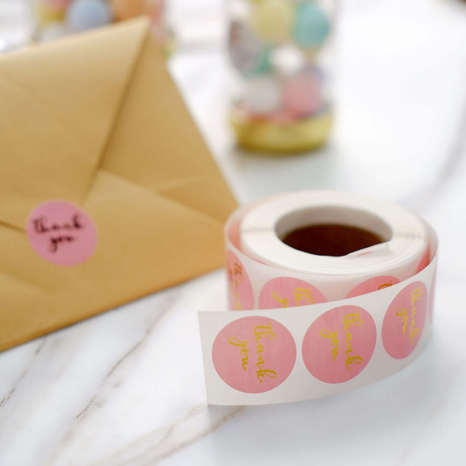500Pcs 1" Thank You Gold Foil Text On Pink Stickers Roll DÃ©cor, Labels and Seals For DIY Envelope - Round