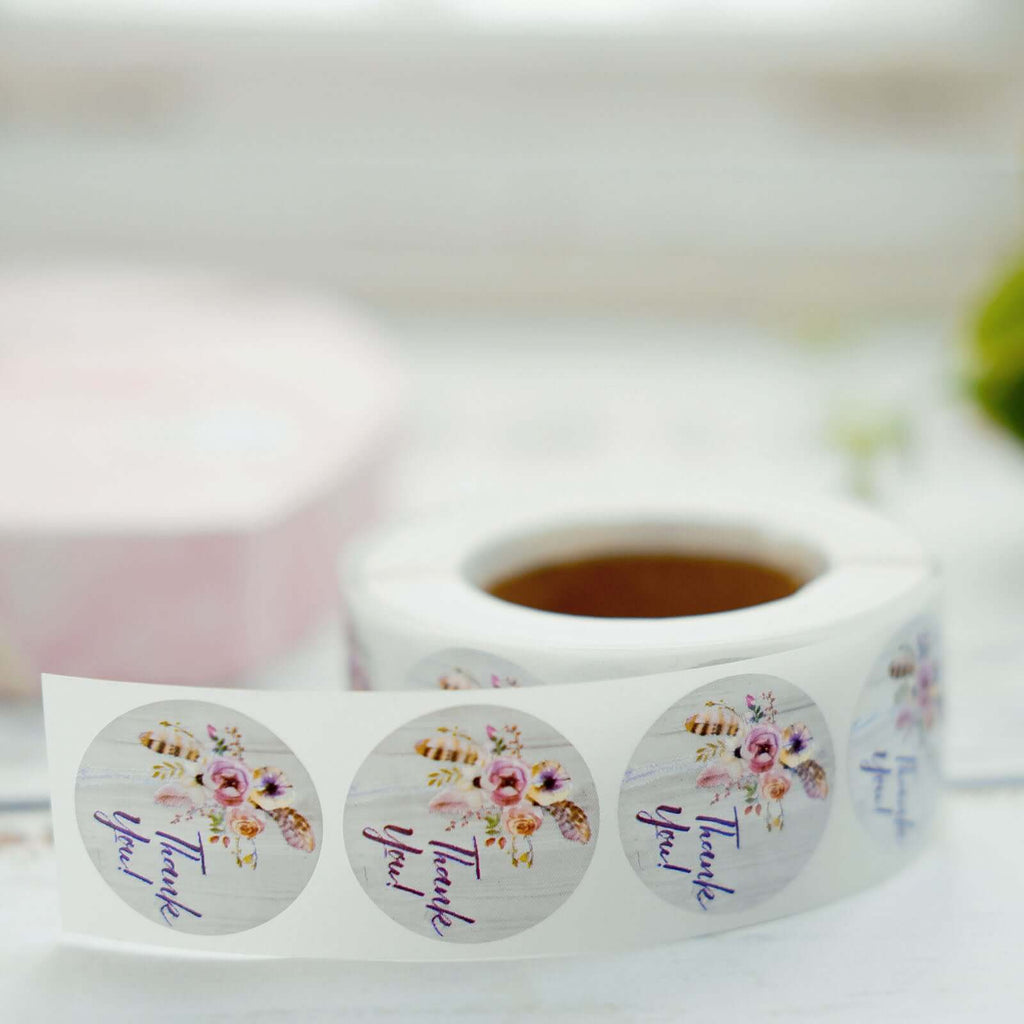 500Pcs 1" Thank You Rustic Floral Boho Chic Stickers Roll, Labels For DIY Envelope Seal - Round