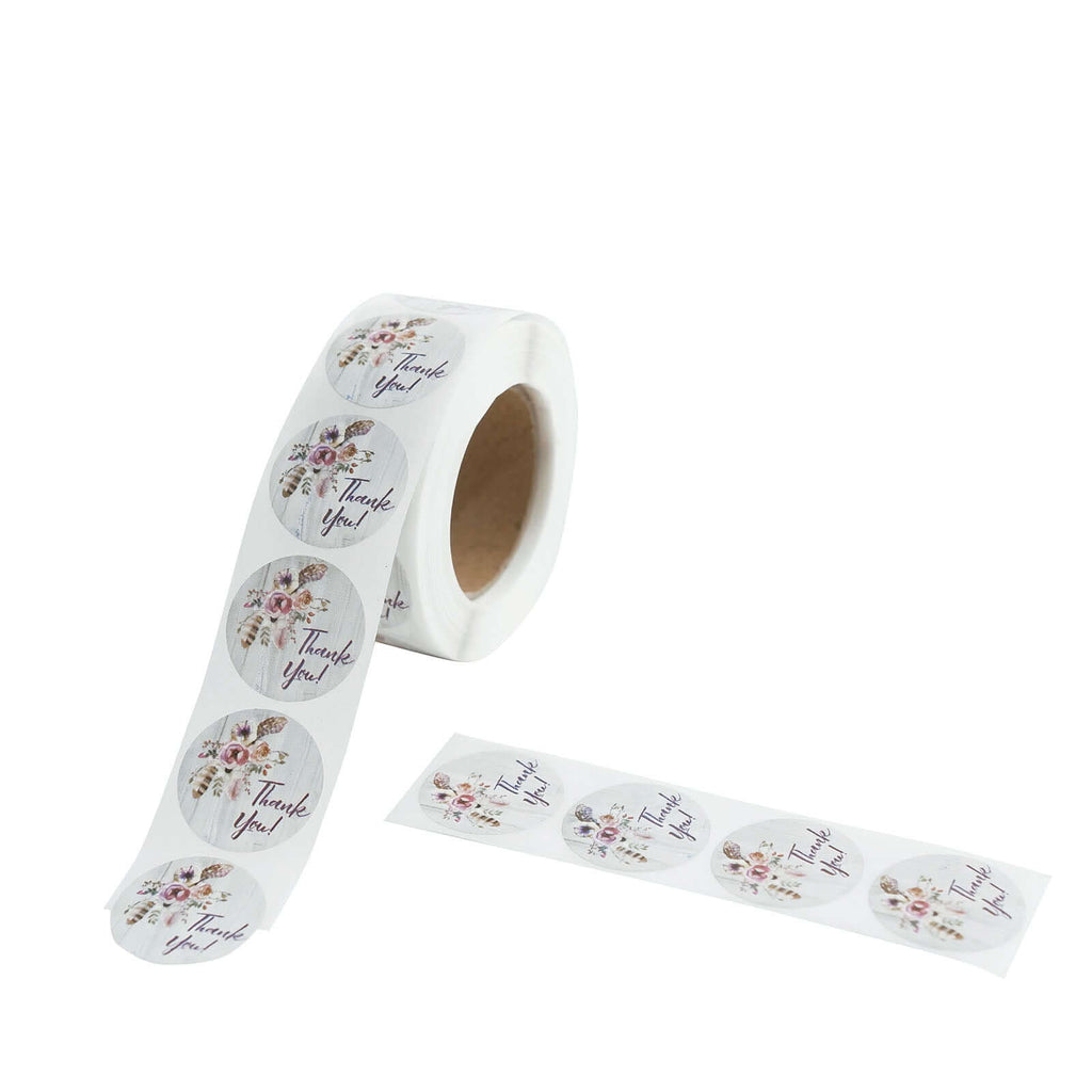 500Pcs 1" Thank You Rustic Floral Boho Chic Stickers Roll, Labels For DIY Envelope Seal - Round