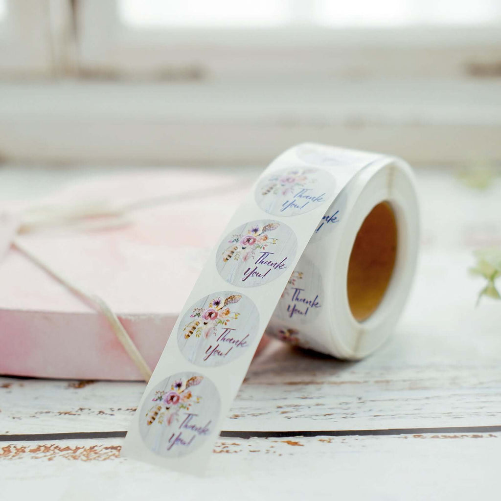 500Pcs 1" Thank You Rustic Floral Boho Chic Stickers Roll, Labels For DIY Envelope Seal - Round
