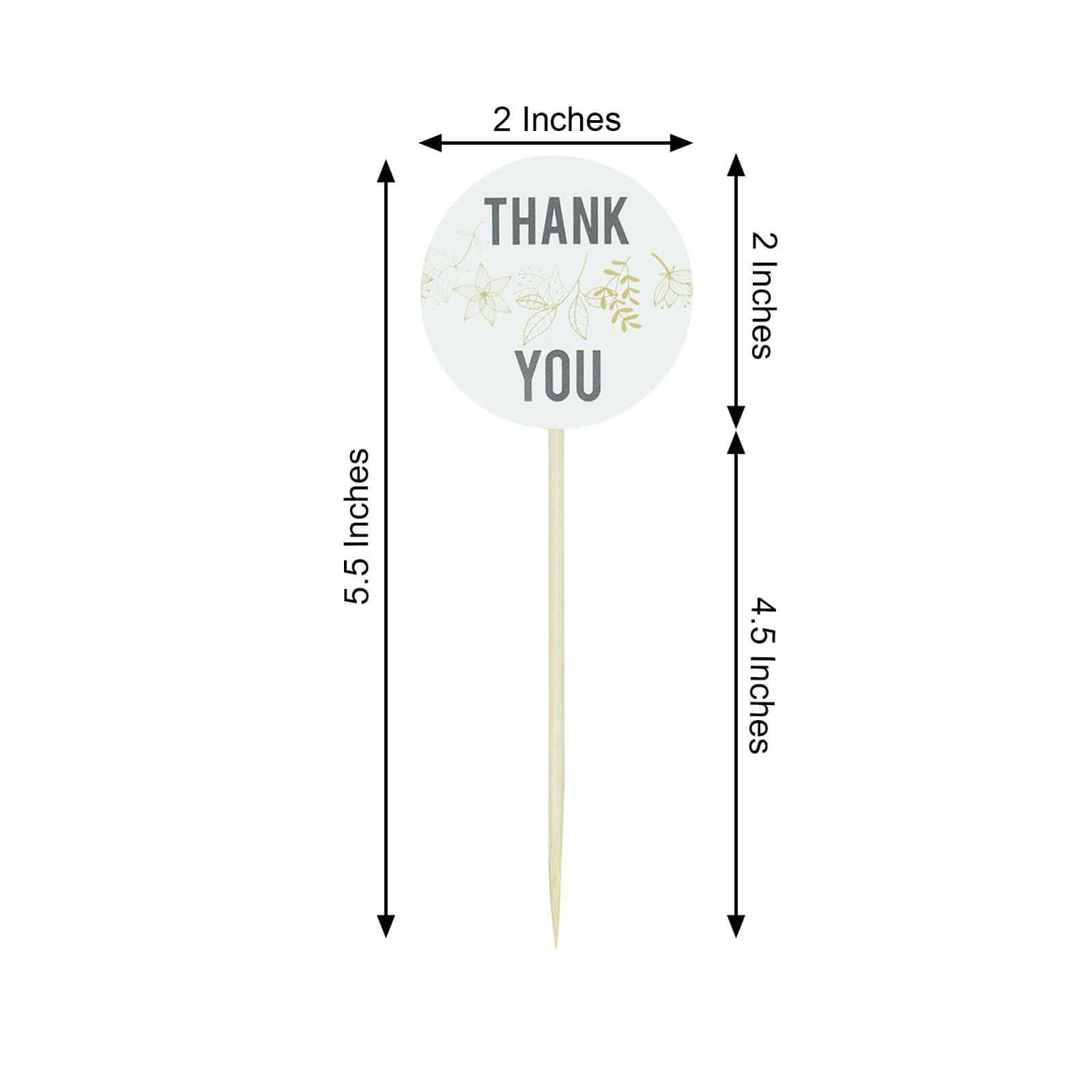 50-Pack Bamboo Cupcake Toppers Thank You Tag Round Design - Decorative Top Cocktail Picks 5.5"