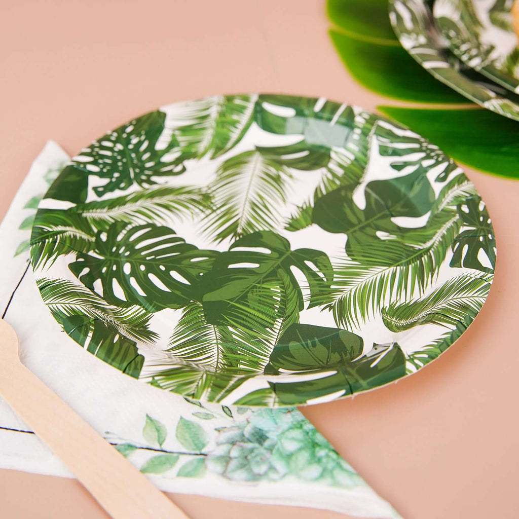 25-Pack Paper 7" Round Dessert Plates in White with Tropical Palm Leaf Design - Disposable 300GSM Appetizer Salad Plates for Boho Chic & Jungle Themed Events
