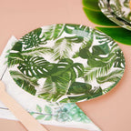 25-Pack Paper 7" Round Dessert Plates in White with Tropical Palm Leaf Design - Disposable 300GSM Appetizer Salad Plates for Boho Chic & Jungle Themed Events