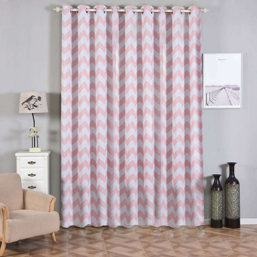 2 Pack White Blush Chevron Design Thermal Blackout Curtains With Chrome Grommet Window Treatment Panels - 52"x108"