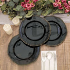 10-Pack Plastic Dinner Plates in Black with Gold Scalloped Rim - Disposable Party Plates for Upscale Events & Banquets 9"