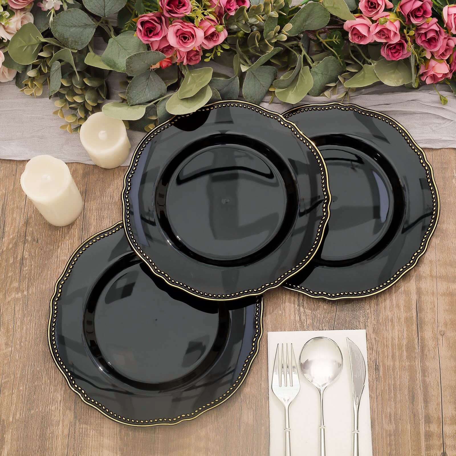 10-Pack Plastic Dinner Plates in Black with Gold Scalloped Rim - Disposable Party Plates for Upscale Events & Banquets 9"