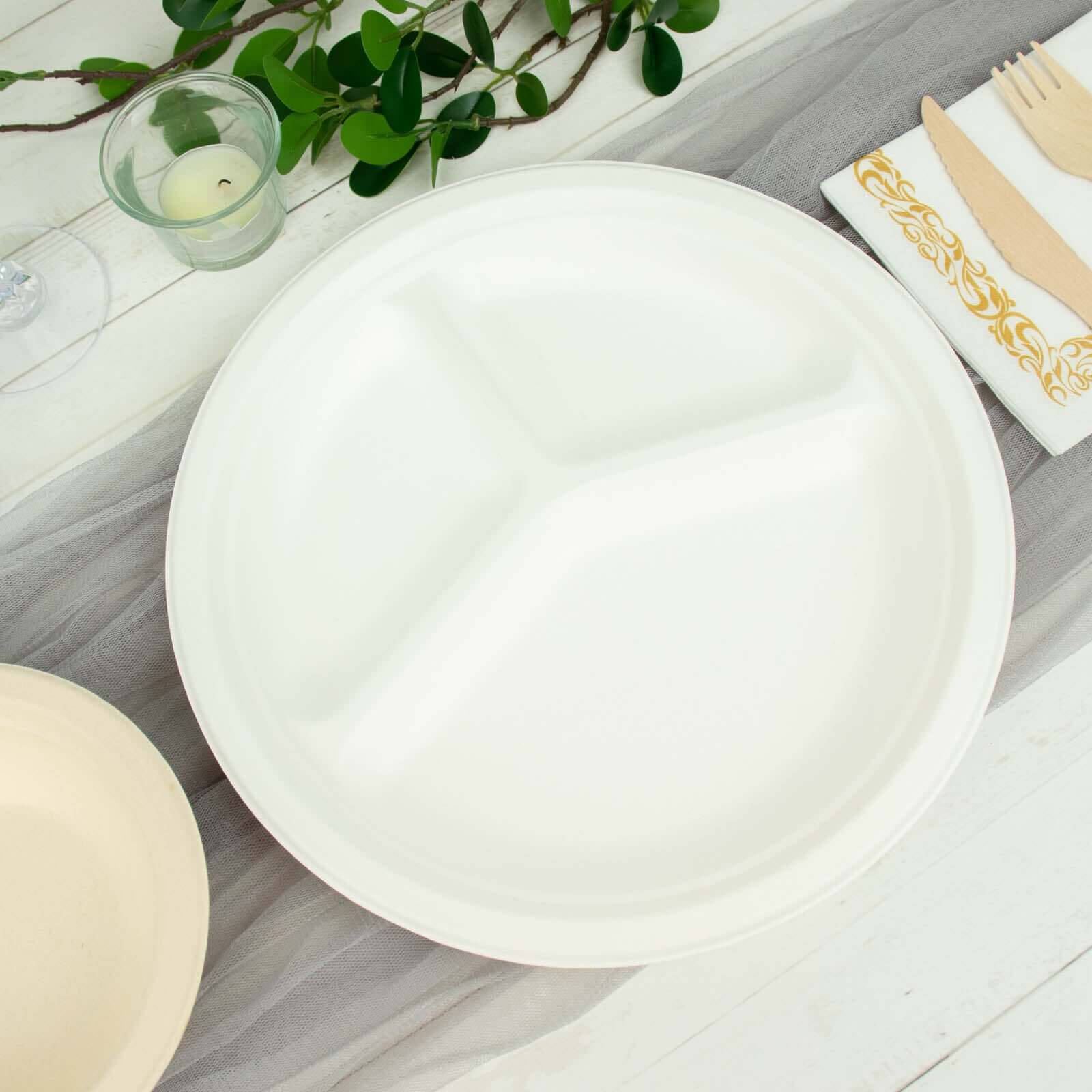 50-Pack Bagasse 10" Round Dinner Plates in White with 3-Compartments - Eco Friendly Biodegradable Sugarcane Divided Plates for Food Trucks Catering & Events