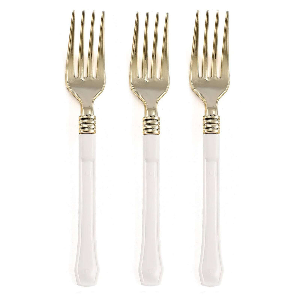 24-Pack Plastic Forks Gold with White Handles - Durable Food Safe Disposable Silverware for Lunch Buffets & Catering Services 7"