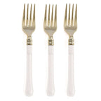 24-Pack Plastic Forks Gold with White Handles - Durable Food Safe Disposable Silverware for Lunch Buffets & Catering Services 7"