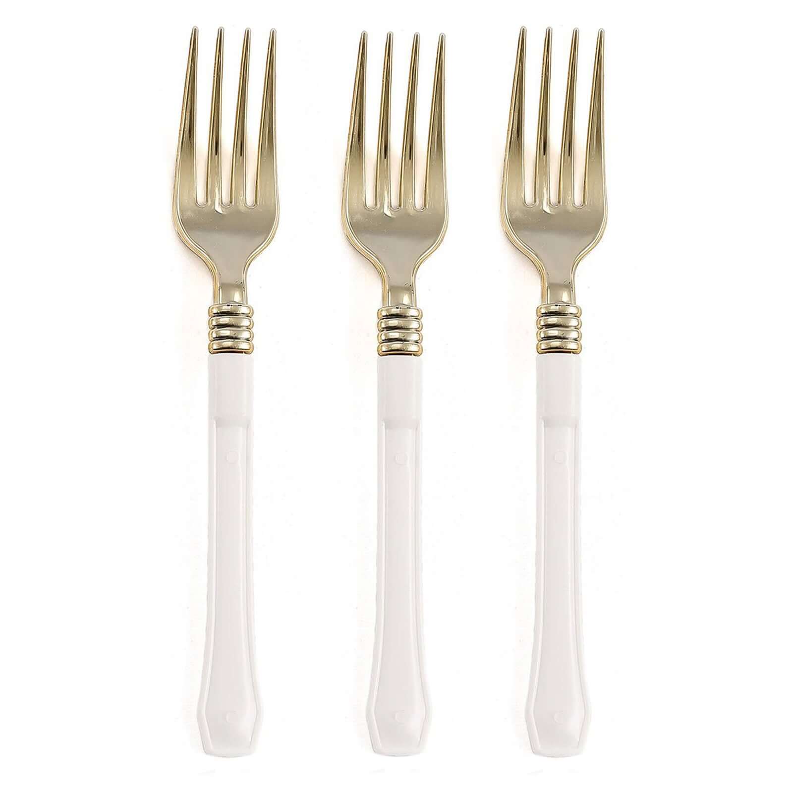 24-Pack Plastic Forks Gold with White Handles - Durable Food Safe Disposable Silverware for Lunch Buffets & Catering Services 7"