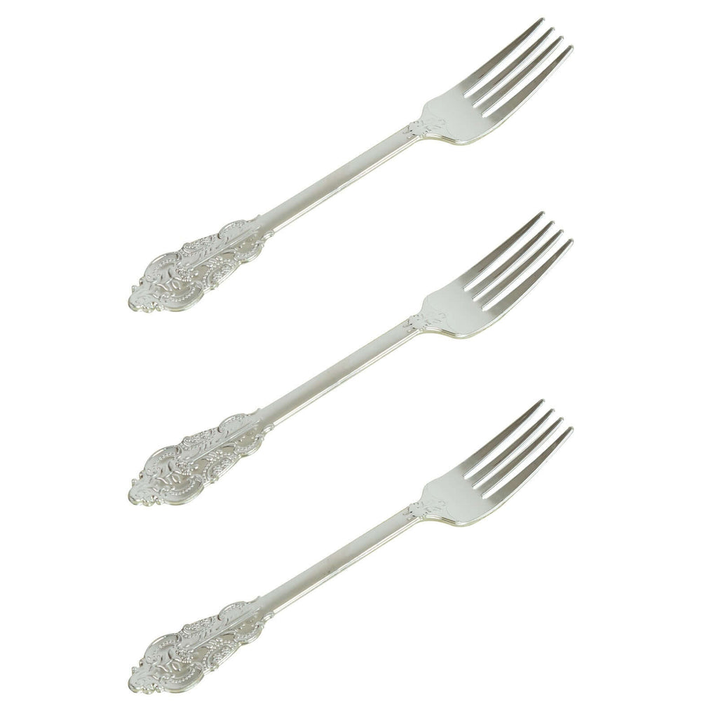 24-Pack Plastic Forks Baroque Style Metallic Silver - Heavy Duty Disposable Silverware 8"